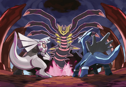 Ilustración de Giratina, Dialga y Palkia en la Columna Lanza