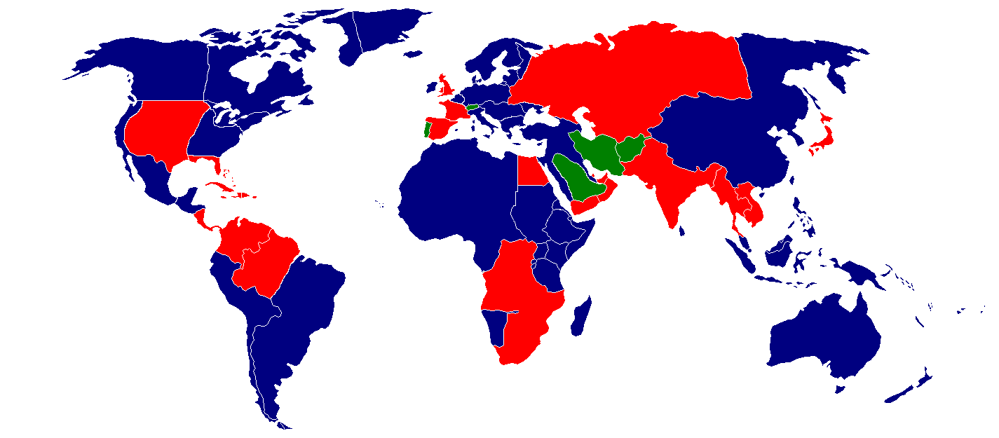 Map of alliances in World War II. Blue is Central Powers, Red is ...